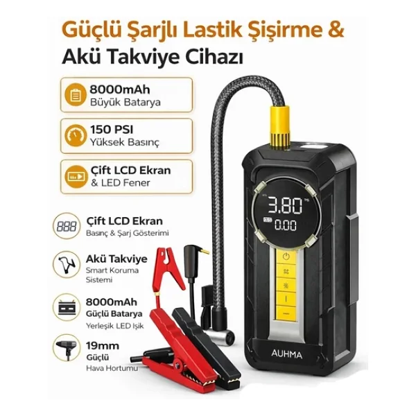 Auhma A8899 Akü Takviye Cihazı & Hava Kompresörü - 80000mAh Powerbank, 150 PSI, 1000A Peak, LED Fene - Görsel 6