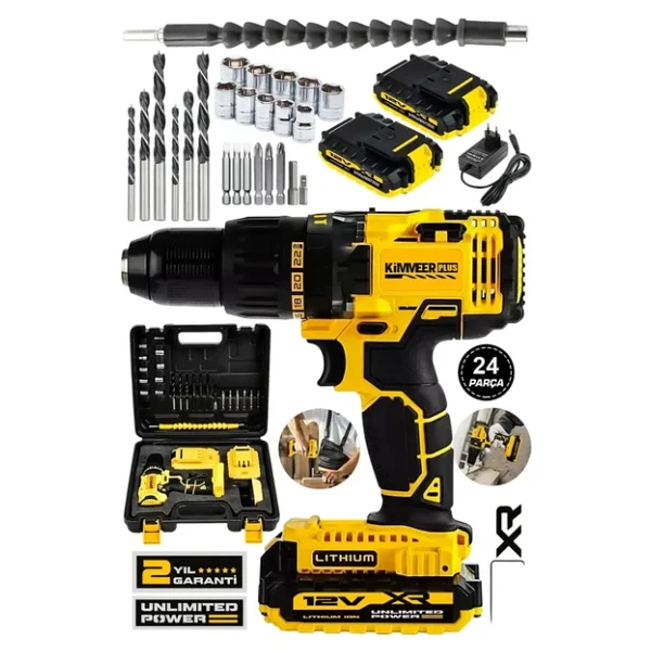 Jetta Power Tools Kimmer Plus 12v 2ah Metal Şanzıman Çift Akülü Bakır Sargı 24 Parça Şarjlı Akülü Vidalama Matkap - Görsel 3