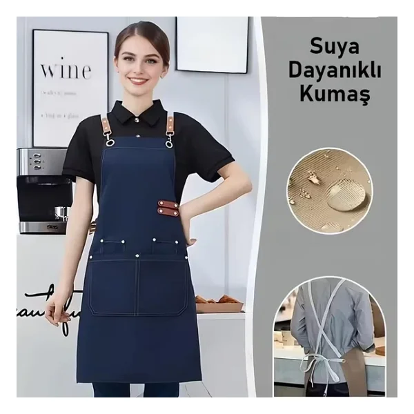Valkyrie Suya Dayanıklı Barista Önlüğü Ayarlanabilir Askılı Cepli Mutfak Kafe Garson Önlüğü Lacivert 74 Cm - Görsel 7