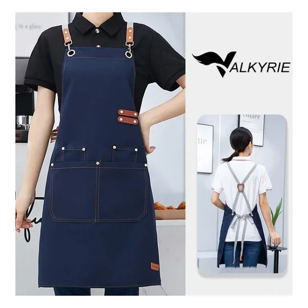 Valkyrie Suya Dayanıklı Barista Önlüğü Ayarlanabilir Askılı Cepli Mutfak Kafe Garson Önlüğü Lacivert 74 Cm - Görsel 5