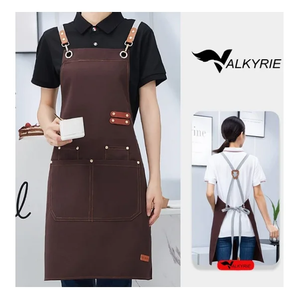 Valkyrie Suya Dayanıklı Barista Önlüğü Ayarlanabilir Askılı Cepli Mutfak Kafe Garson Önlüğü Kahverengi 74 Cm - Görsel 7