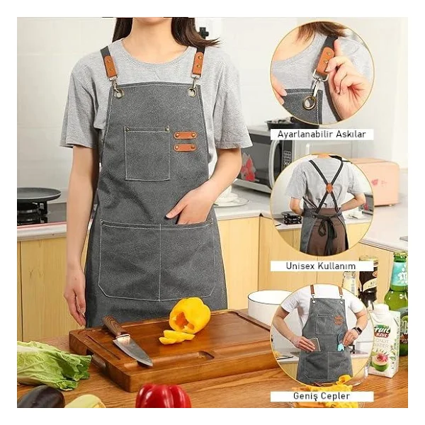 Valkyrie Unisex Kanvas Mutfak Önlüğü Ayarlanabilir Askılı Cepli Barista Garson Servis Önlüğü Gri - Görsel 4