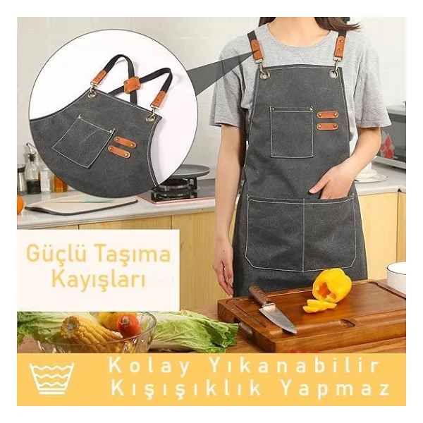 Valkyrie Unisex Kanvas Mutfak Önlüğü Ayarlanabilir Askılı Cepli Barista Garson Servis Önlüğü Gri - Görsel 5