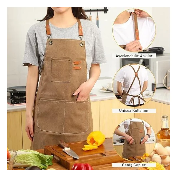 Valkyrie Unisex Kanvas Mutfak Önlüğü Ayarlanabilir Askılı Cepli Barista Garson Servis Önlüğü Kahve - Görsel 3