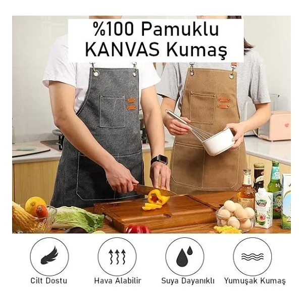 Valkyrie Unisex Kanvas Mutfak Önlüğü Ayarlanabilir Askılı Cepli Barista Garson Servis Önlüğü Gri - Görsel 6