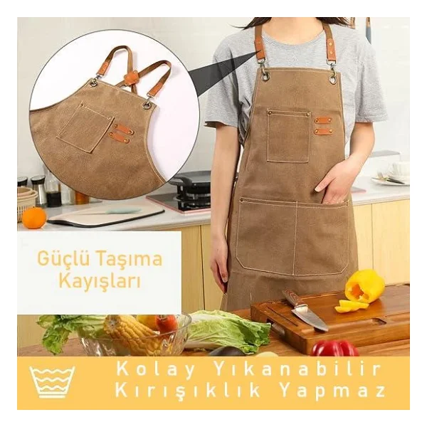 Valkyrie Unisex Kanvas Mutfak Önlüğü Ayarlanabilir Askılı Cepli Barista Garson Servis Önlüğü Kahve - Görsel 2