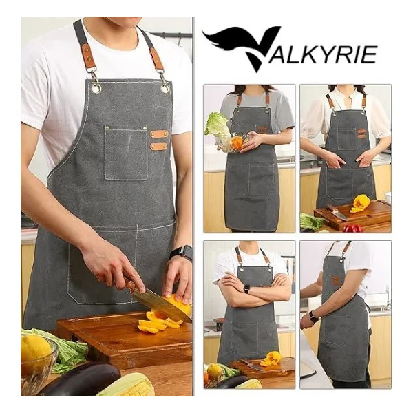 Valkyrie Unisex Kanvas Mutfak Önlüğü Ayarlanabilir Askılı Cepli Barista Garson Servis Önlüğü Gri - Görsel 7
