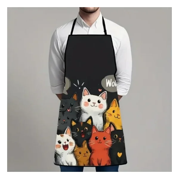Valkyrie Kedi Desenli Mutfak Önlüğü Cepli Ayarlanabilir Askılı Unisex Mutfak Temizlik Önlüğü Siyah - Görsel 5