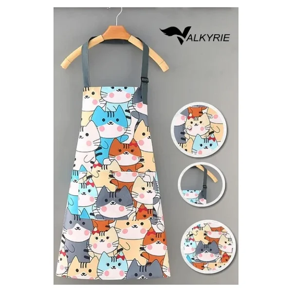Valkyrie Kedi Desenli Cepli Mutfak Önlüğü Ayarlanabilir Askılı Kadın Mutfak Temizlik Servis Önlüğü Mavi - Görsel 6