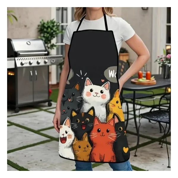 Valkyrie Kedi Desenli Mutfak Önlüğü Cepli Ayarlanabilir Askılı Unisex Mutfak Temizlik Önlüğü Siyah - Görsel 4