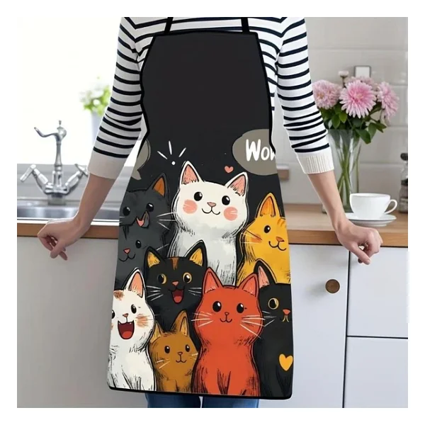 Valkyrie Kedi Desenli Mutfak Önlüğü Cepli Ayarlanabilir Askılı Unisex Mutfak Temizlik Önlüğü Siyah - Görsel 6