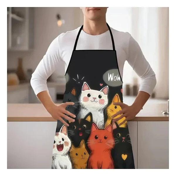Valkyrie Kedi Desenli Mutfak Önlüğü Cepli Ayarlanabilir Askılı Unisex Mutfak Temizlik Önlüğü Siyah - Görsel 9