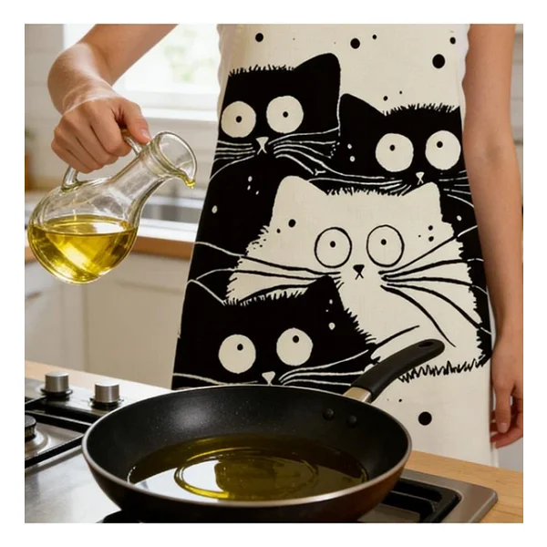 Valkyrie Siyah Beyaz Kedi Desenli Mutfak Önlüğü Cepli Unisex Mutfak Pişirme Temizlik Servis Önlüğü - Görsel 6