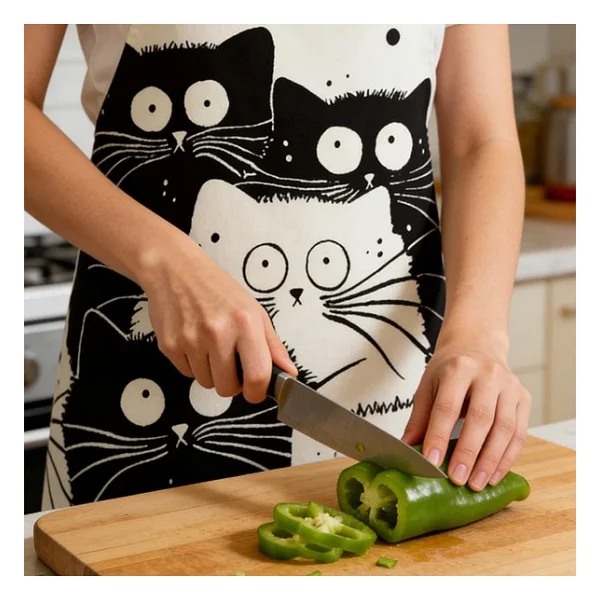 Valkyrie Siyah Beyaz Kedi Desenli Mutfak Önlüğü Cepli Unisex Mutfak Pişirme Temizlik Servis Önlüğü - Görsel 4