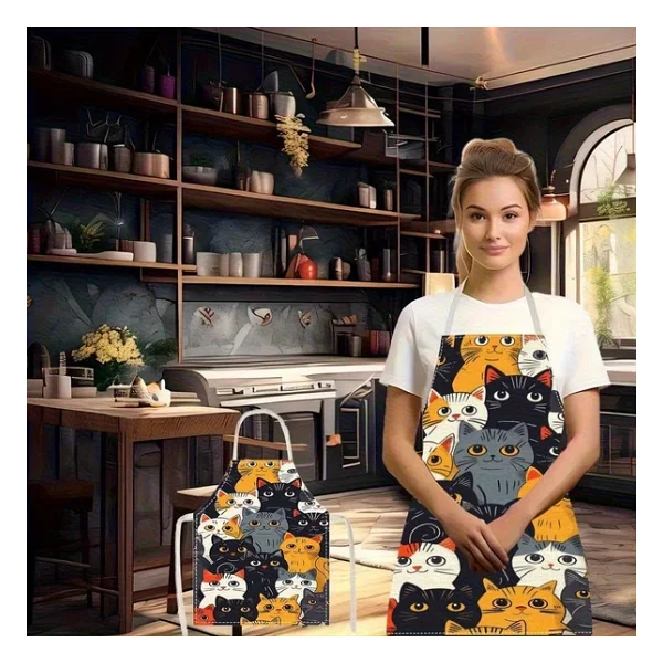 Valkyrie Kedi Desenli Mutfak Önlüğü Cepli Ayarlanabilir Askılı Unisex Mutfak Pişirme Servis Temizlik Önlüğü - Görsel 7