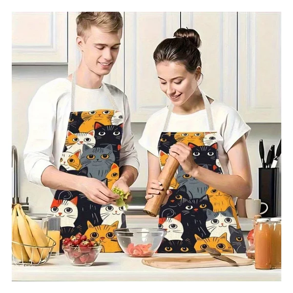 Valkyrie Kedi Desenli Mutfak Önlüğü Cepli Ayarlanabilir Askılı Unisex Mutfak Pişirme Servis Temizlik Önlüğü - Görsel 8