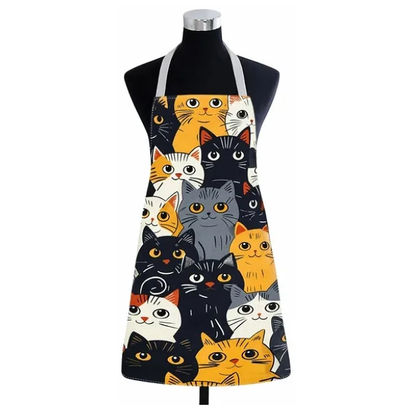Valkyrie Kedi Desenli Mutfak Önlüğü Cepli Ayarlanabilir Askılı Unisex Mutfak Pişirme Servis Temizlik Önlüğü - Görsel 3