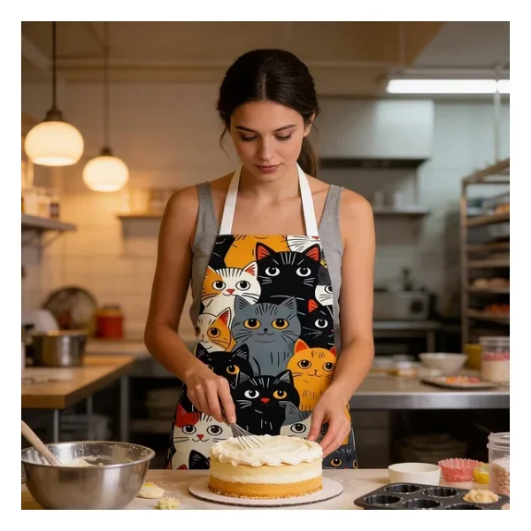 Valkyrie Kedi Desenli Mutfak Önlüğü Cepli Ayarlanabilir Askılı Unisex Mutfak Pişirme Servis Temizlik Önlüğü - Görsel 5