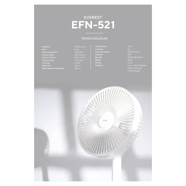 Everest Efn-521 Masaüstü Şarj Edilebilir USB Fan Beyaz - Görsel 9