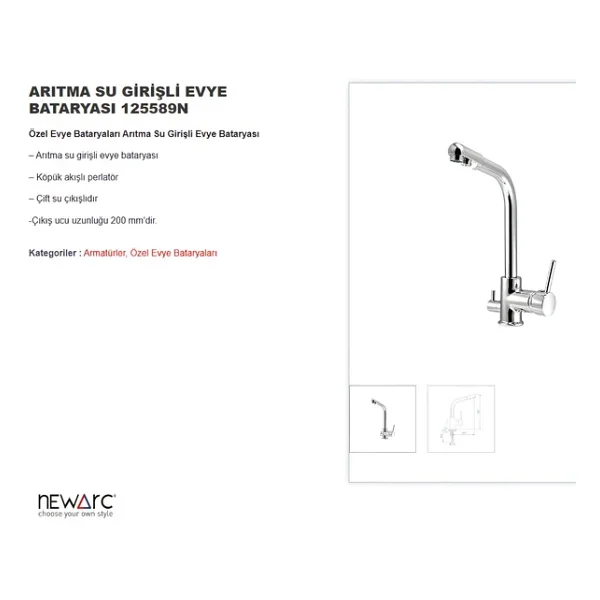 Newarc Su Arıtma Cihazı Girişli Krom Eviye Bataryası 125589n - Görsel 3