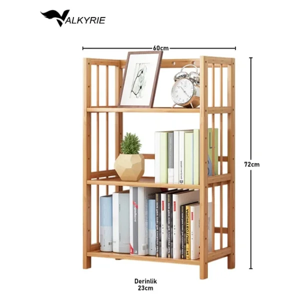 Valkyrie 3 Katlı Bambu Kitaplık 60x23x72 Cm Doğal Ahşap Görünümlü Çok Amaçlı Dekoratif Raf - Görsel 4