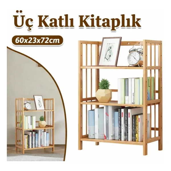 Valkyrie 3 Katlı Bambu Kitaplık 60x23x72 Cm Doğal Ahşap Görünümlü Çok Amaçlı Dekoratif Raf - Görsel 8