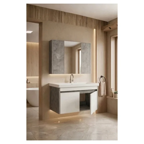 Karen Banyo Retro 80 Cm Lavabolu, Aynalı Banyo Dolabı, Retro Gümüş-Beyaz, Seramik Lavabo Dahil - Görsel 5