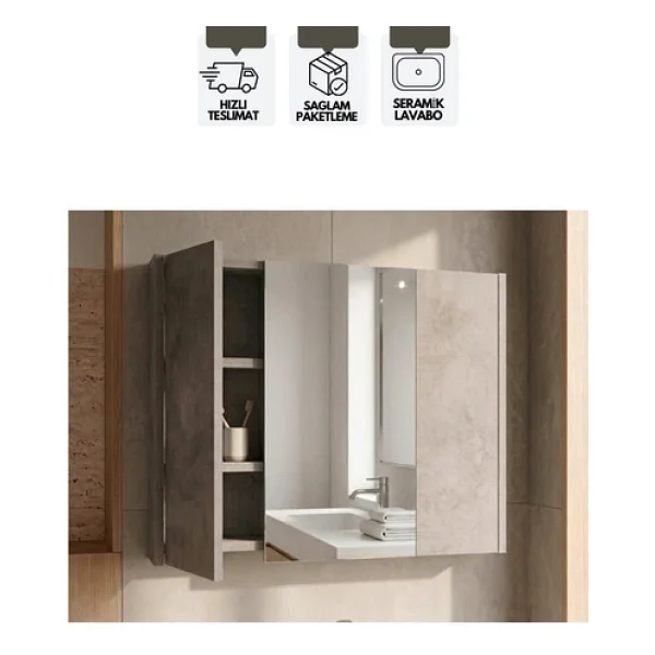 Karen Banyo Retro 80 Cm Lavabolu, Aynalı Banyo Dolabı, Retro Gümüş-Beyaz, Seramik Lavabo Dahil - Görsel 6