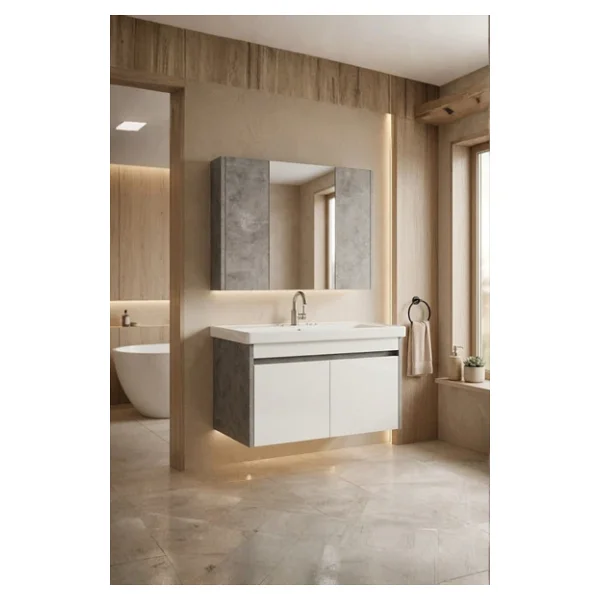 Karen Banyo Retro 80 Cm Lavabolu, Aynalı Banyo Dolabı, Retro Gümüş-Beyaz, Seramik Lavabo Dahil - Görsel 4