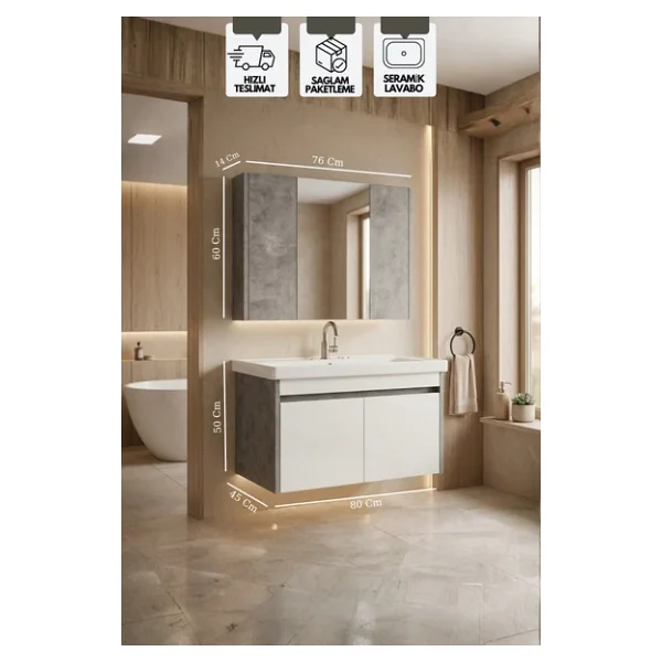 Karen Banyo Retro 80 Cm Lavabolu, Aynalı Banyo Dolabı, Retro Gümüş-Beyaz, Seramik Lavabo Dahil - Görsel 7