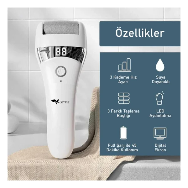 Valkyrie Şarjlı Elektrikli Topuk Törpüsü Ayak Bakım Cihazı 3 Başlıklı Suya Dayanıklı Dijital Ekranlı - Görsel 4