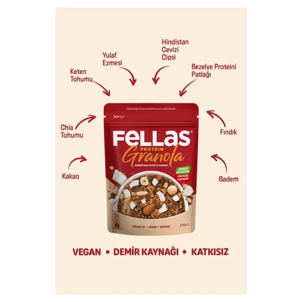Fellas Vegan Protein Granola Hindistan Cevizi & Kakao 270 Gr X 6 Adet - Görsel 6