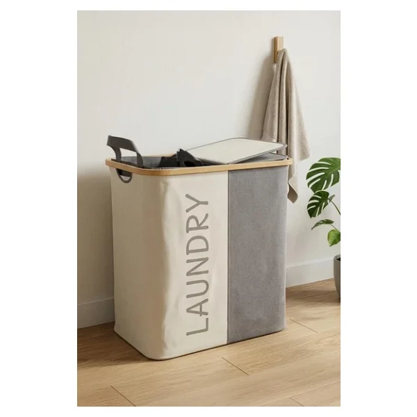 Digithome Bambu 2 Bölmeli Kirli Çamaşır Sepeti Banyo Düzenleyici Sepet 53,5x28 Cm - Görsel 3