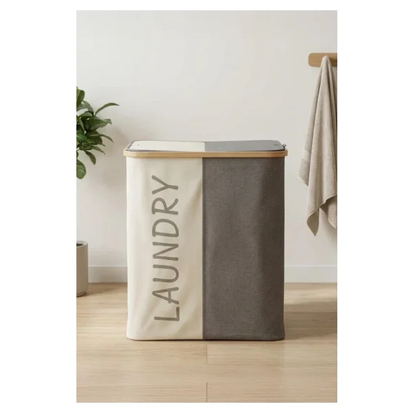Digithome Bambu 2 Bölmeli Kirli Çamaşır Sepeti Banyo Düzenleyici Sepet 53,5x28 Cm - Görsel 2