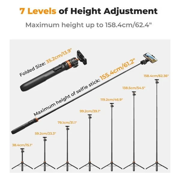 K&F Concept 158cm Bluetooth Selfie Çubuğu & Tripod - Cep Telefonları Ve Aksiyon Kameralar İle Uyumlu - Görsel 7
