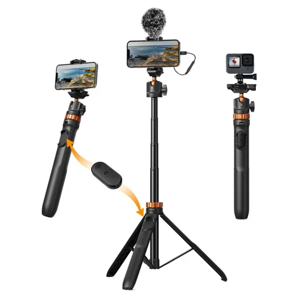 K&F Concept 158cm Bluetooth Selfie Çubuğu & Tripod - Cep Telefonları Ve Aksiyon Kameralar İle Uyumlu - Görsel 3