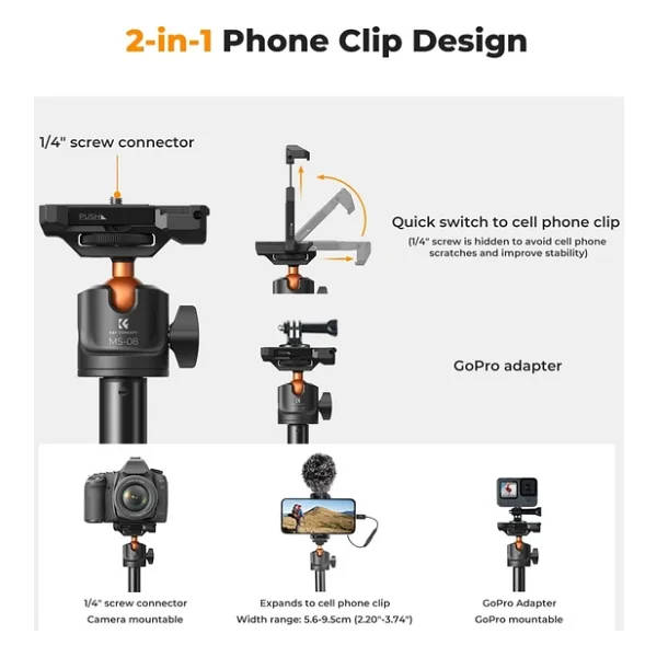 K&F Concept 158cm Bluetooth Selfie Çubuğu & Tripod - Cep Telefonları Ve Aksiyon Kameralar İle Uyumlu - Görsel 6