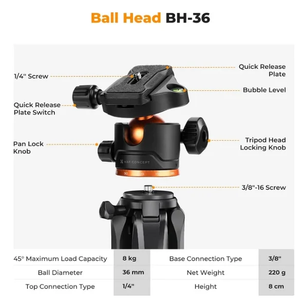 K&F Concept S255a3+Bh-36 190 Cm Alüminyum Tripod - Görsel 8