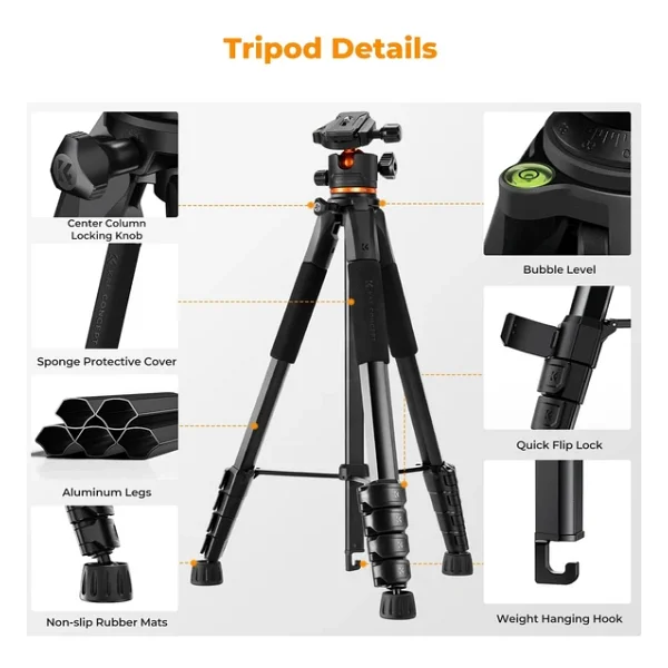 K&F Concept S255a3+Bh-36 190 Cm Alüminyum Tripod - Görsel 6