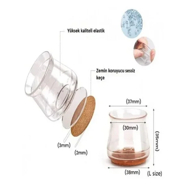 16 Adet 2.5-3.2 Cm Ayaklar İçin Keçeli Silikon Masa Sandalye Ayak Pabucu Zemin Koruyucu Plastiği Keçesi - Görsel 6
