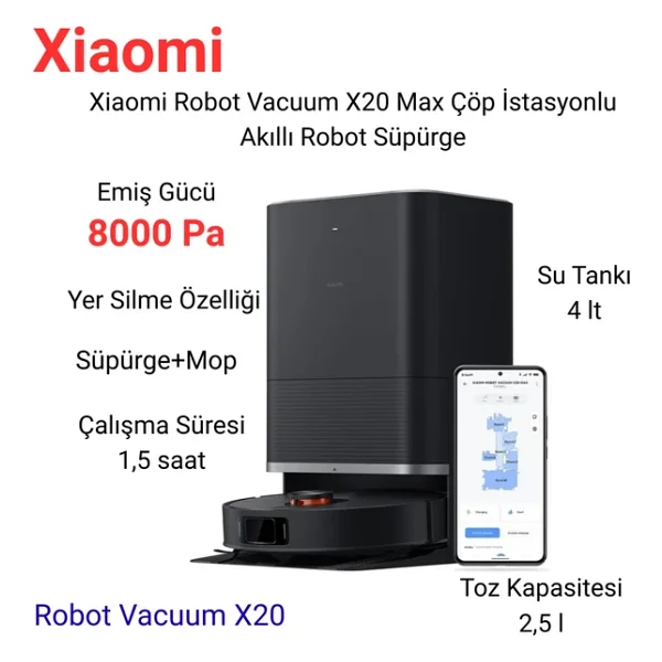 Xiaomi Robot Vacuum X20 Max Çöp İstasyonlu Akıllı Robot Süpürge - Görsel 7