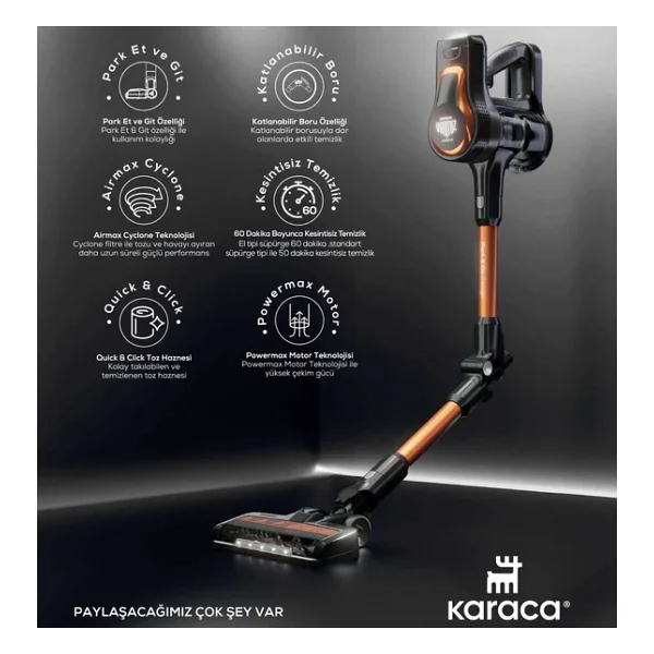 Karaca Vantuz Power Up Pro Black Copper Dikey Süpürge - Görsel 3