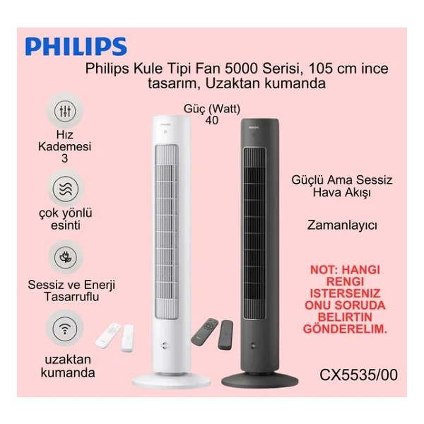 Philips Beyaz ve Siyah Renk 5000 Serisi Kule Tipi Fanlı Vantilatör + Kiwi Klipsli Masaüstü Vantilatör Hediye - Siyah - Beyaz