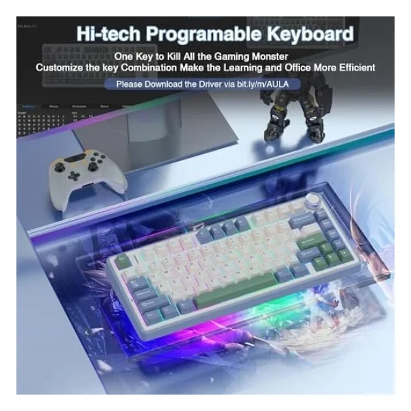 Aula F75 Bej RGB %75 Tkl Gray Switch Kablolu/Kablosuz Mekanik Oyuncu Klavyesi - Görsel 5