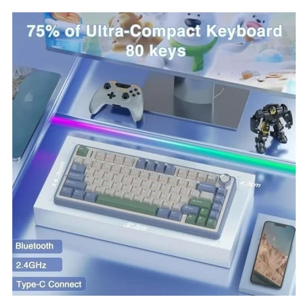 Aula F75 Bej RGB %75 Tkl Gray Switch Kablolu/Kablosuz Mekanik Oyuncu Klavyesi - Görsel 3