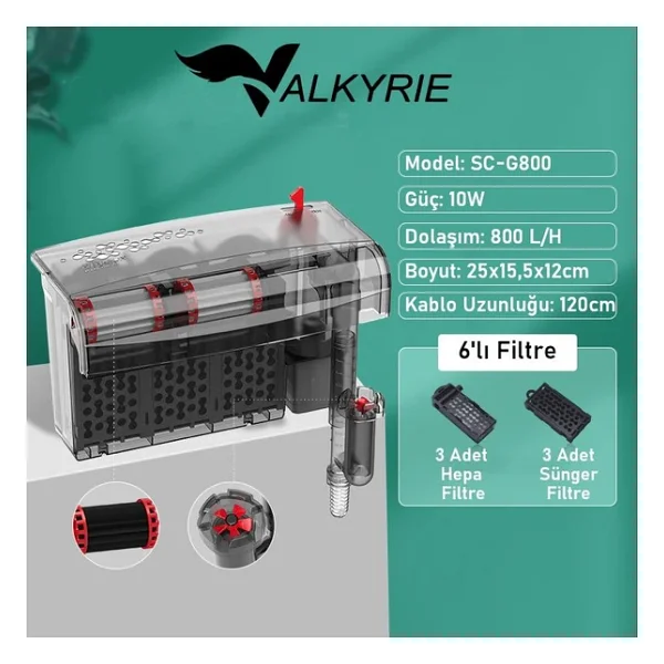 Valkyrie Askılı Akvaryum Şelale Filtre 10w 800 L/H 6'lı Filtre Yüzey Temizleyici - Görsel 8