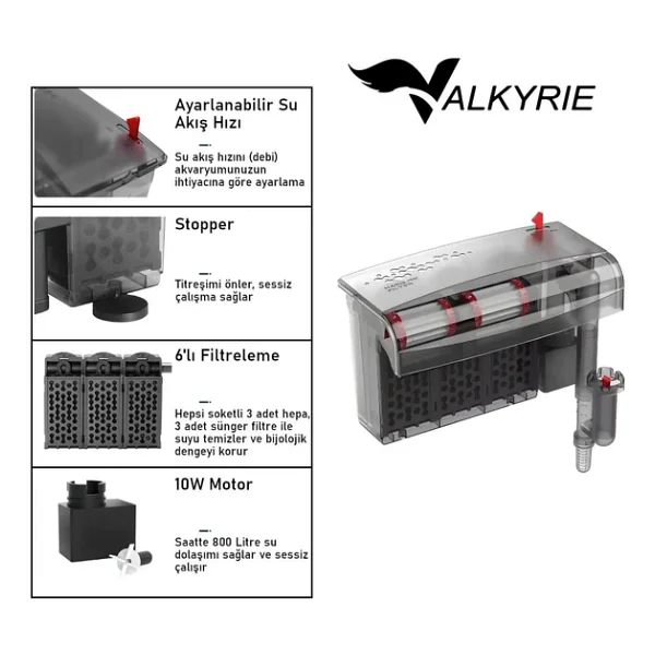 Valkyrie Askılı Akvaryum Şelale Filtre 10w 800 L/H 6'lı Filtre Yüzey Temizleyici - Görsel 7