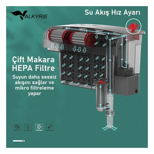 Valkyrie Askılı Akvaryum Şelale Filtre 10w 800 L/H 6'lı Filtre Yüzey Temizleyici - Görsel 5