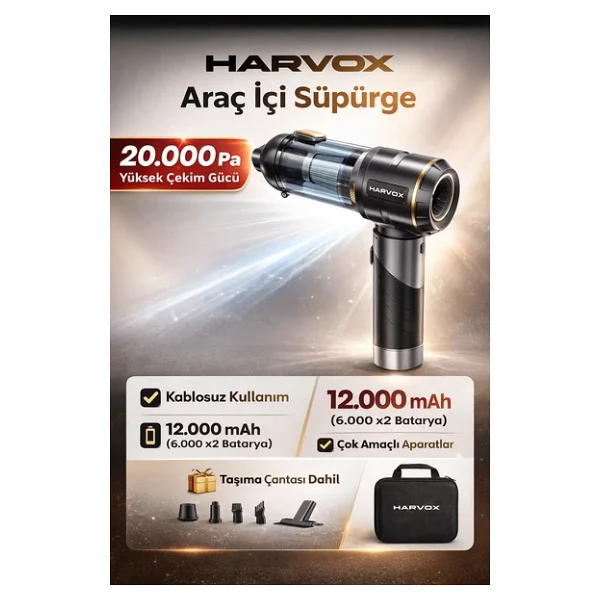 Harvox Hxvc-005 Araç İçi Profesyonel Süpürge 12.000 mAh Çift Bataryalı 20.000pa Güçlü Vakum Ve Üfleme Powerbank Özellikli Süpürge Siyah - Görsel 4