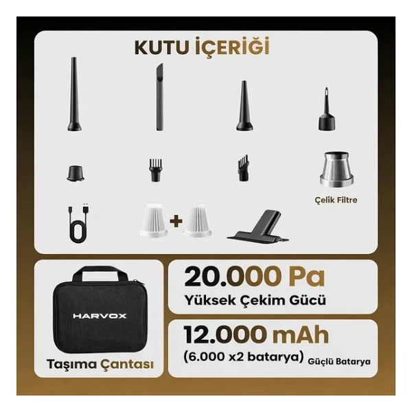 Harvox Hxvc-005 Araç İçi Profesyonel Süpürge 12.000 mAh Çift Bataryalı 20.000pa Güçlü Vakum Ve Üfleme Powerbank Özellikli Süpürge Siyah - Görsel 9